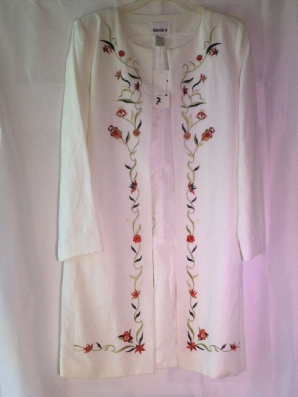 David N White Embroidered Duster Jacket Floral Open Front Topper Women's
